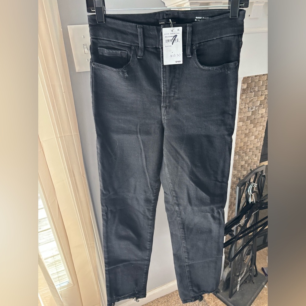 Good American Black Slim Straight Distressed Jeans